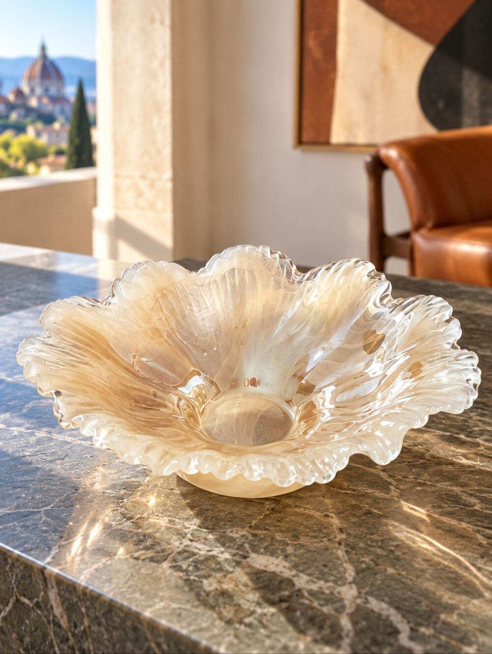Vintage Italian Murano Style Alabaster Glass Ruffled Flower Bowl 8"
